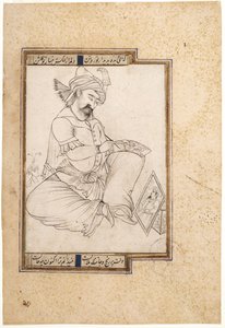 Kalligrafia; taiteilija työssään, noin 1600 (muste, kulta ja vesiväri paperille). tekijältä Persian School