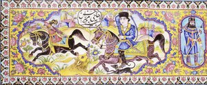 Ensimmäinen kartussi pitkästä cuerda seca -laattapaneelista, joka kuvaa metsästys- ja taistelukohtauksia, 1800-luku tekijältä Persian School