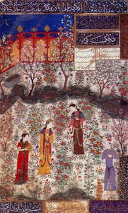 Kiinan prinssi Houmayn ja prinsessa Houmayounin ensimmäinen haastattelu. Pienoiskuva Kuradjou Kirmanin runosta, Heratin koulun toteuttama, noin 1430. Iran. Decorative Arts, Pariisi tekijältä Persian School