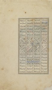 Folio Nizamin Khamsasta (kvintetti); recto: teksti, Iran, turkomaani kausi, n. 1505 (läpinäkymätön akvarelli, muste ja kulta paperille) tekijältä Persian School