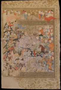 Folio Mirkhwandin (k. 1498) Rawzat al-safasta (Onnenpuutarha); recto: Taistelu bysanttilaisia vastaan Alepposta, Shirazista, Iranista, Safavid-kausi, 1571-72 (läpinäkymätön akvarelli, muste ja kulta tekijältä Persian School