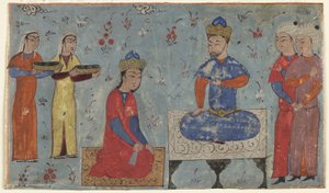 Folio Shahnamasta (Kuninkaiden kirja), kirjoittanut Firdawsi (k. 1020); recto: Sindukht Before Sam, Iran (läpinäkymätön akvarelli, muste ja kulta paperille) tekijältä Persian School