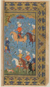 Folio Shahnamasta (Kuninkaiden kirja), kirjoittanut Firdawsi; A Royal Hunt, Iran, n. 1590-1600 (läpinäkymätön akvarelli, muste ja kulta paperilla) tekijältä Persian School