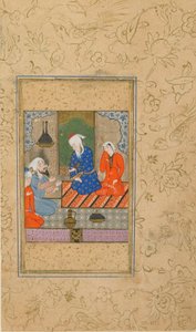 Folio Yusuf U Zulaykha Jami (d. 1492); Zulaykha ja vanhempi mies kuuntele keskustelua, mahdollisesti Mashhad, Iran, C.1560-70 (läpinäkymätön akvarelli, muste ja kulta paperilla) tekijältä Persian School