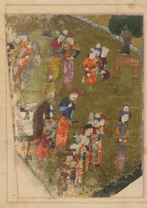Folio Zafarnamasta; recto: Timur antaa yleisölle nouseessaan valtaistuimelle Balkhissa; verso: teksti, Shiraz, Iran, Timuridikausi, 1436 (läpinäkymätön akvarelli, muste ja kulta pa tekijältä Persian School
