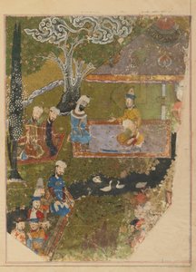 Folio Zafarnamasta; toisinto: Timur jakaa yleisön nouseessaan valtaistuimelle Balkhissa, Shirazissa, Iranissa, Timurid-kaudella (läpinäkymätön akvarelli, muste ja kulta paperilla) tekijältä Persian School