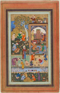 Folio albumista; Koulukohtaus, Tabriz, Iran, Safavid-kausi, n. 1540 (läpinäkymätön akvarelli, mustetta ja kultaa paperilla) tekijältä Persian School