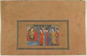 Folio tunnistamattomasta tekstistä; A Princess Enthroned, Iran, n. 1440-1450 (läpinäkymätön akvarelli, muste ja kulta paperilla) tekijältä Persian School
