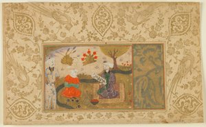 Folio tunnistamattomasta tekstistä; Nainen keskustelee istuvan miehen kanssa virran varrella, Iran, n. 1500 (läpinäkymätön akvarelli, mustetta ja kultaa paperilla) tekijältä Persian School