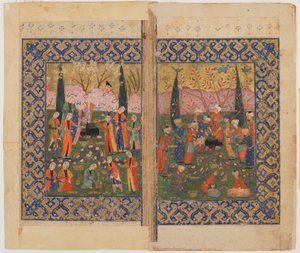 Folio tunnistamattomasta tekstistä; versio: Sulayman Enthroned, Shiraz, Iran, n. 1560-1570 tekijältä Persian School