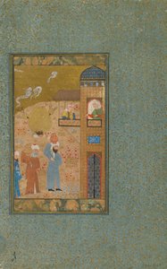 Folio tunnistamattomasta tekstistä; verso: Kaksi kannua kantavaa miestä lähestyy rakennusta, Shiraz, Iran, n. 1520 (läpinäkymätön akvarelli, muste ja kulta paperilla) tekijältä Persian School
