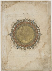 Valaistu medaljonki kahdella koristeellisella reunalla, folio tuntemattomasta tekstistä, Iran, 1200-1300-luku (läpinäkymätön akvarelli ja kulta paperilla) tekijältä Persian School