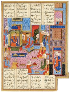 Kuvitus Safavid Shahnamasta: Kuningatar Nushaba tunnistaa lähettilään naamioituneen Alexanderin, Shiraz, Iran, 1650-1700 tekijältä Persian School