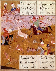 Islamilainen taide: "" Kuningas metsästää"" Pienoiskuva, joka havainnollistaa persialaisen runoilijan Hafezin (Hafiz Shirazi) runoja, persialainen käsikirjoitus. 1554 San Lorenzo de El Escorial, El Escorialin luostarin kuninkaallinen kirjasto, Madrid tekijältä Persian School