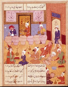 Islamilainen taide: "" juhla muusikoiden kanssa"" Pienoiskuva, joka havainnollistaa persialaisen runoilijan Hafezin (Hafiz Shirazi) runoja, persialainen käsikirjoitus. 1554 San Lorenzo de El Escorial, El Escorialin luostarin kuninkaallinen kirjasto, Madrid tekijältä Persian School