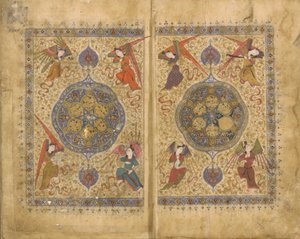 Khwaju Kirmanin Khamsa (kvintetti), Shiraz, Iran, Timurid-kausi, 1437-1438 (läpinäkymätön akvarelli, muste ja kulta paperille) tekijältä Persian School