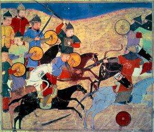 Noqain vuoto (Kara Nogai Khan (Noghai, Noqai, Nokhai, Nogay, Tšingis-kaanin pojanpoika, kuoli 1299). Mongolialaiset ratsumiehet. Persialainen käsikirjoitus maalattu "" Tarinoiden summa (Djame al-tavarikh) (Djame al-tavarikh)" ” (Folio 155v), kirjoittanut R tekijältä Persian School