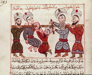 Lääketiede: ortopedinen interventio. Pienoiskuva, jonka Charaf-ed-din (Charaf ed Din) (1404-1468) otti turkkilaisen lääketieteen lypsämisestä "" La Surgery Imperialen" jälkeen" (Ms Sup Turk 693 fol. 193) 1466 Paris, B.N. tekijältä Persian School