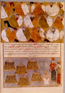 Mongolialaiset teltat ja Tšingis-kaanin (1162-1227) vangit: Tšingis-kaani heittää padoihin Djamuquan, Jadjirat-heimon mongolin, seuraajat. Persialainen pienoismalli otettu sanoista "" Jami al-tawarikh"" (Jami al tawarikh) tai "" Universal History"" tekijältä Persian School