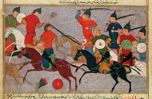 Ms Pers.113 f.49 Tšingis-kaani (n. 1162-1227) taistelussa, Rashid-al-Dinin (1247-1318) kirjasta (guassi)