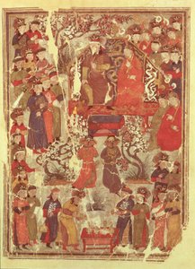 Ms. Supp. Pers. 1113 f.126v Tšingis-kaani ja hänen vaimonsa Bortei valtaistuimella hovimiesten edessä, folio Rashid ad-Dinin (1247-1318) kirjasta Jami al Tawarikh (Universal History) tekijältä Persian School