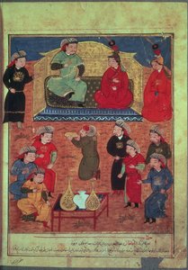 neiti tuki. Lemmikit. 1113 fol.203v Arhaan Khan kahden vaimonsa ja poikansa Ghazanin kanssa Rashid ad-Dinin (1247-1318) kirjasta tekijältä Persian School