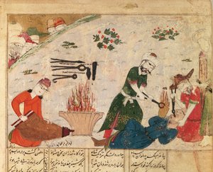 Ms Supp Pers 493 fol.363v Abul-Qasim Manur Firdawsin (n. 934–1020) yhden Haftvadsin vartijan kidutus Shahnamasta (Kuninkaiden kirja) tekijältä Persian School