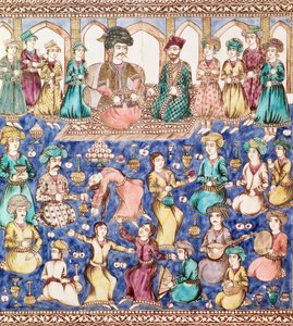 Muusikot ja tanssijat Nasser al-Din Shah Qajarin (1831-96) hovissa (keramiikka) tekijältä Persian School
