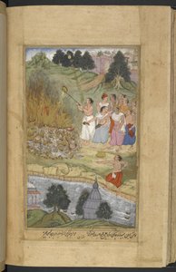 Or.12076 f.130v Arjuna polttaa ruumiita Andhakien ja Yadavien välisen taistelun jälkeen Prabhasassa Gujaratin rannikolla. Gheeä kaadetaan hautauspyrstään (Narayan) Razmnāmah