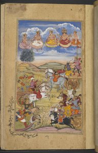 Or.12076 f.76r Taistelu Arjunan ja Tamradhvajan armeijoiden välillä. Brahma ja muut taivaan jumalat. (Paras) kirjasta "Razmnāmah" (