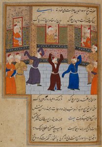 Tai. 11837, f.152 Muhammad Tabadkani (k.1486) tanssii dervisheiden kanssa, kuvitus Kamal al-Din Husayn Gazurgahin teoksesta Majalis al-