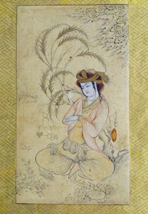 Persialainen taide: "" nuori mies palaamassa pajun alle"" Anonyymi guassi 1600-luvun Pariisista, Louvre-museo tekijältä Persian School