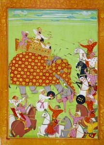 Edustus Murad (Mourad) Bakshista (1624-1661), Mughal-keisari Shah Jehanin (tai Shah Jehan, Shahjehan) pojasta taistelemassa norsun selässä. Persialainen miniatyyri 1600-luvun Pariisista, B.N. tekijältä Persian School