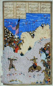 Rustam ampuu Ashkabuksen ja hänen hevosensa, kuvitus "Shahnamasta" (Kuninkaiden kirja), kirjoittanut Abu