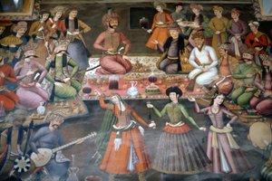 Shah Abbas I Loistava vastaanotto Nadr Vali Muhammad Khan Bukharan Khanatesta, vastaanottosali tekijältä Persian School