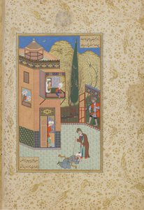 Murid suutelee Pirsin jalkoja, folio Jamin (k.1492) Haft awrangista (Seitsemän valtaistuinta), luultavasti Mashad, Khurasan, Iran, Safavid-dynastia, 1556-1565 (muste, läpinäkymätön akvarelli ja kulta paperilla) tekijältä Persian School