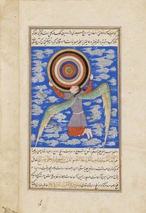 Enkeli Ruh pitelee taivaanpalloja, kuva Qazwinin Ajaib al-Makhluqatista (Luomisen ihmeet), n. 1550-1600