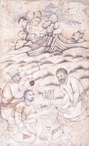Kolme nuorta miestä maisemassa, n. 1700-luvun puolivälissä tekijältä Persian School