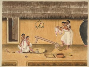 Naisten kuoriva paddy ja dhenki, n. 1840 (akvarelli paperille) tekijältä Persian School
