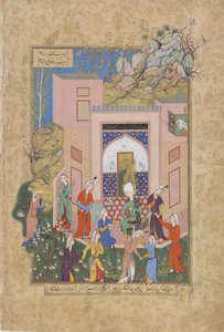 Yusuf saarnaa Zulaykhasin tytöille puutarhassaan, Jamin (k.1492) Haft awrangin (Seitsemän valtaistuinta) folio, luultavasti Mashad, Khurasan, Iran, Safavid-dynastia, 1556-1565 (muste, läpinäkymätön akvarelli ja go)