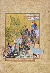 Yusuf hoitaa laumaansa, folio Jamin (k.1492) Haft awrangista (Seitsemän valtaistuinta), luultavasti Mashad, Khurasan, Iran, Safavid-dynastia, 1556-1565 (muste, läpinäkymätön akvarelli ja kulta paperilla)