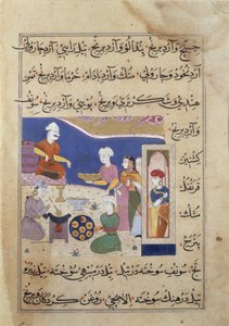 f.83v Makeisten valmistus Mandun sulttaanille intialaista ruokaa käsittelevästä käsikirjoituksesta (vellum) tekijältä Persian School