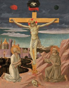 Ristiinnaulitseminen Pyhän Hieromuksen ja Pyhän Franciscuksen kanssa, n. 14451450. tekijältä Pesello Peselli