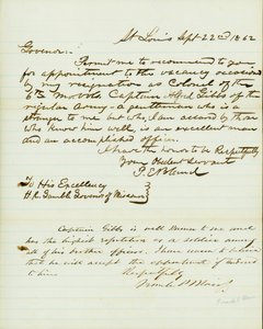 Kirje allekirjoitettu P.E. Bland, St.Louis, H.R. Gamblelle, Missourin kuvernööri, 22. syyskuuta 1862 tekijältä Peter E. Bland