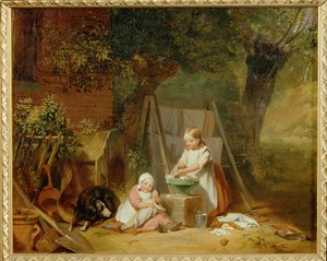 Die Puppenwaesche im Garten - Nuken pyykki puutarhassa ... (öljy puulle) tekijältä Peter Fendi