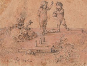 Kaksi lasta leikkimässä pallon kanssa, 1500-1546.