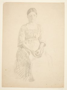 Taiteilijan vaimo istuu mallina rouva Thora Karl Madsenin muotokuvassa maalaukseen: Faaborgin museon avajaiset (1910-11) tekijältä Peter Hansen