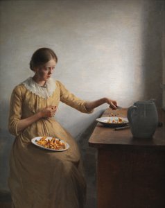Nuori tyttö valmistaa kantarelleja tekijältä Peter Vilhelm Ilsted
