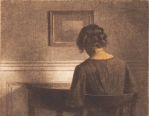 Nuori tyttö puolipyöreän pöydän ääressä tekijältä Peter Vilhelm Ilsted