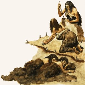 Kivikauden perhe raapii nahkoja vaatteiden valmistukseen tekijältä Peter Jackson